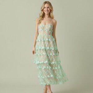 Anthropologie Endless Rose Crochet Layered Tulle Midi Dress in Green, Size Small